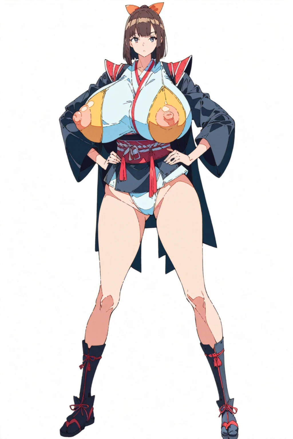 (masterpiece, bestquality, ultra-detailed, 8K high resolution, artstation on trending, Detailed Design), (safe for younger audiences, safe for children, safe for kids, safe for work, safe for public), 
wind, 
(flat design, ligne claire, photorealistic, anime screencap:1.5), 
(1girl, fullbody, looking at viewer, front view), (standing contrapposto pose, ???????????, Hands on ????), 
(white background:1.5), 
impossible clothes, extremely gigantic saggy ???????, impossible gigantic puffy ???????, cool girl, (fantasy samurai costumes), skinny