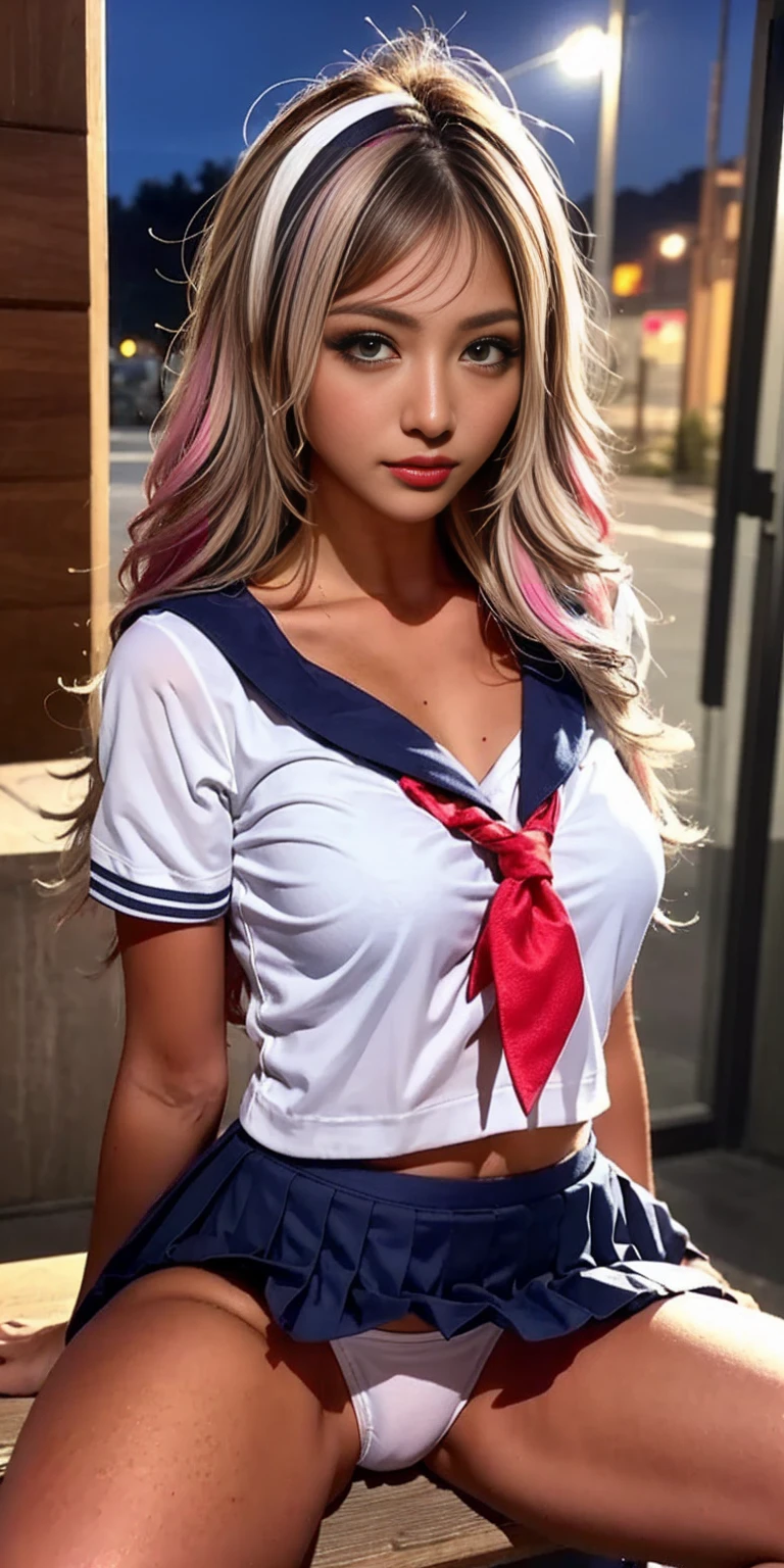 Two people high school girl wearing a miniskirt:1.7,((Two people high school girl:2)),((Two people)),Dynamic Angle, Perfect body, night,moonlight,Exterior lights,Gal, (Anatomically correct),masterpiece, highest quality, RAW Photos, Realistic, face,, Beautiful girls, cute, Written boundary depth, High resolution, Super detailed, detailed, ighly detailedd, Extremely detailed eye and realistic student, pale and tanned skin,Two peopleで,woman,(panties), (Short-sleeved sailor uniform:1.4),Spread your legs,Wide Hips, ((Sensual;1.5)), Glamour, Big Breasts,Sunburn marks on tanned skin,Pink Hair,blonde,Platinum Hair,Brown Hair,orange,Wavy Hair,Shortcuts,Pixie Cut,Cosplay,building,intersection,stage,Pedestrian bridge,vending machine,night,深night,Blurred Background:1.2,White panties,Pink panties,Yellow panties,Black panties,GirlTwo people,Two people high school girl