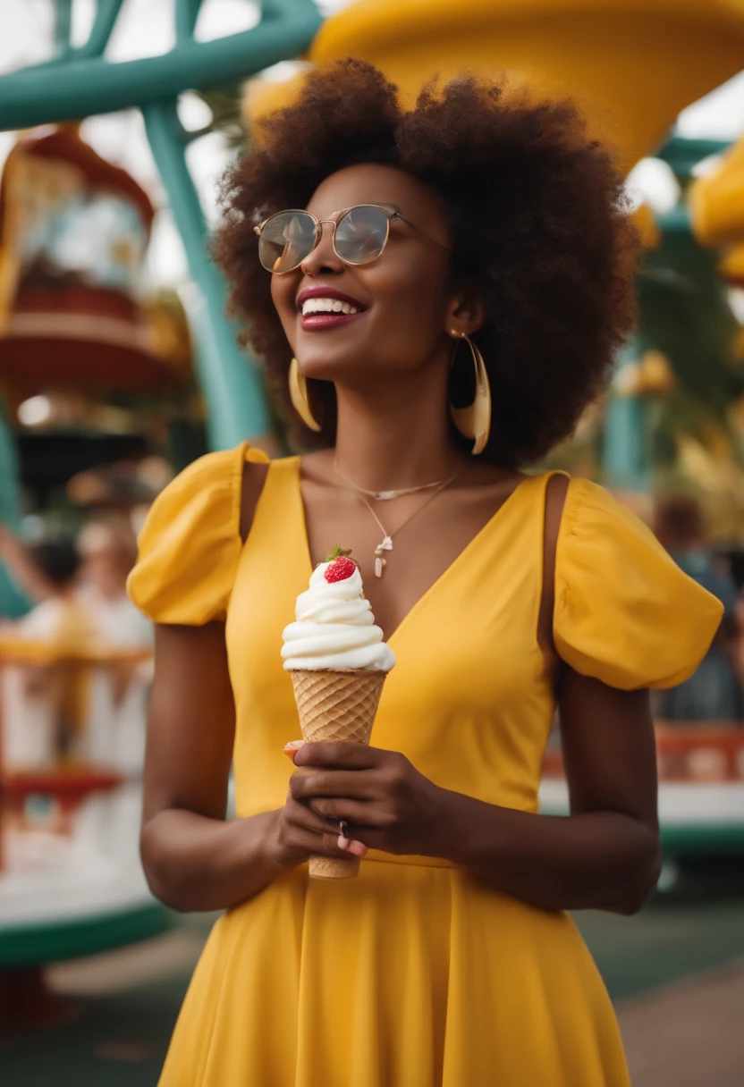 Beautiful young afro black woman eating ice cream in amusement park wearing yellow dress with white happy 