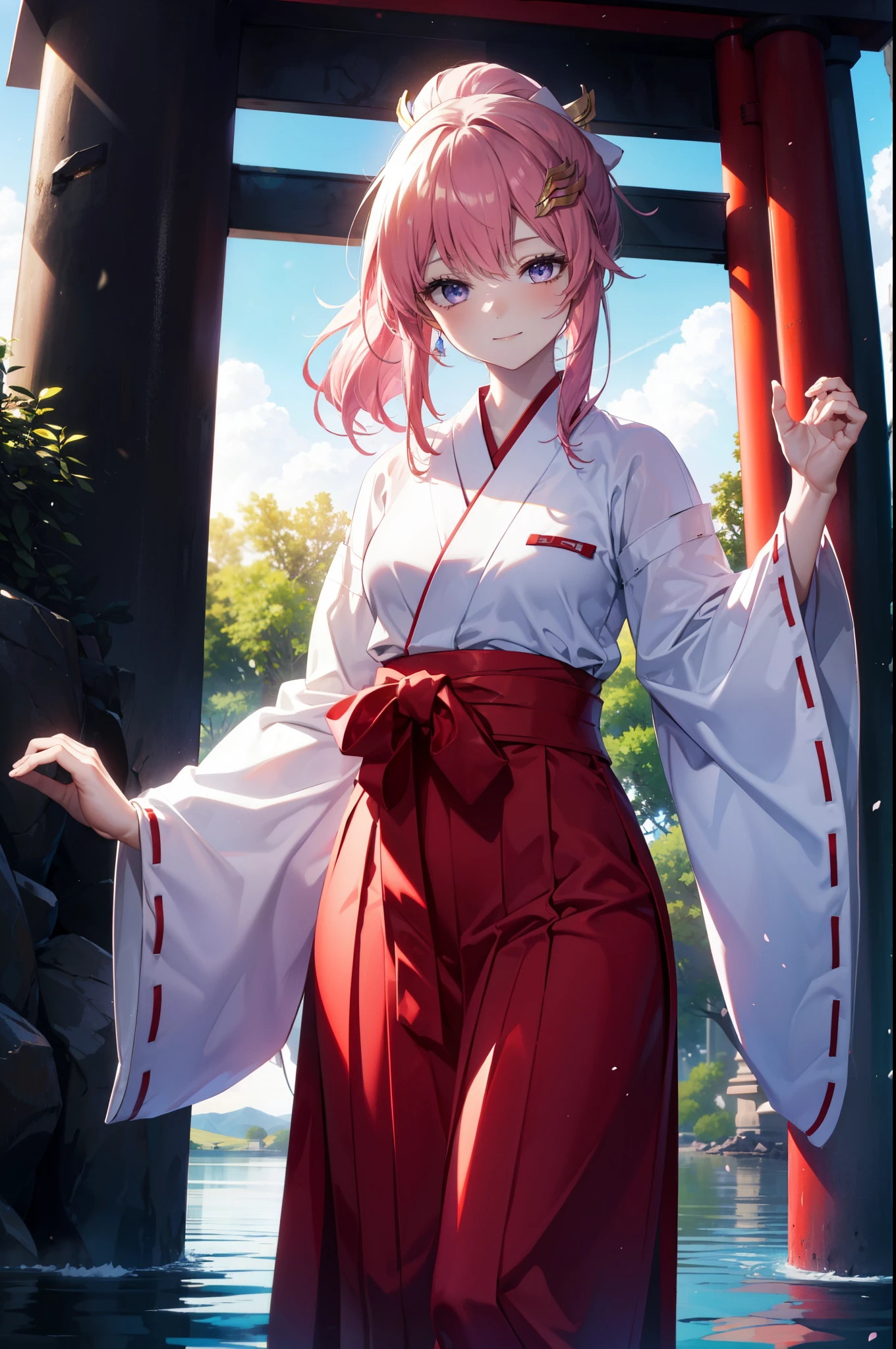 Lacas Klein, Klein Lake, (Purple eyes:1.1), hair ornaments, Long Hair, wave hair ornaments, Pink Hair, smile,Platycodon grandiflorum,Miko, White Kimono,Red Hakama ,White tabi,Sandals,kimono, As with the skirt, Wide sleeves, Long sleeve,Ribbon-trimmed sleeves, Low ponytail, Daytime,Clear skies,
Watching the audience, Are standing,
break looking at viewer, (Cowboy Shot:1.5),
break outdoors,shrine,torii,
break (masterpiece:1.2), highest quality, High resolution, unity 8k wallpaper, (figure:0.8), (Beautiful fine details:1.6), Highly detailed face, Perfect lighting, Highly detailed CG, (Perfect hands, Perfect Anatomy),