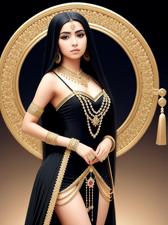 masterpiece, highest quality, One girl, Black Hair, Long Hair, whole body, concentrated, Elegant pose, Are standing, alone, View your viewers, Ancient Arabian Fashion, Exotic clothing, Intricate details, Royal, gemstone jewelry, (Simple black background), 8k, High resolution