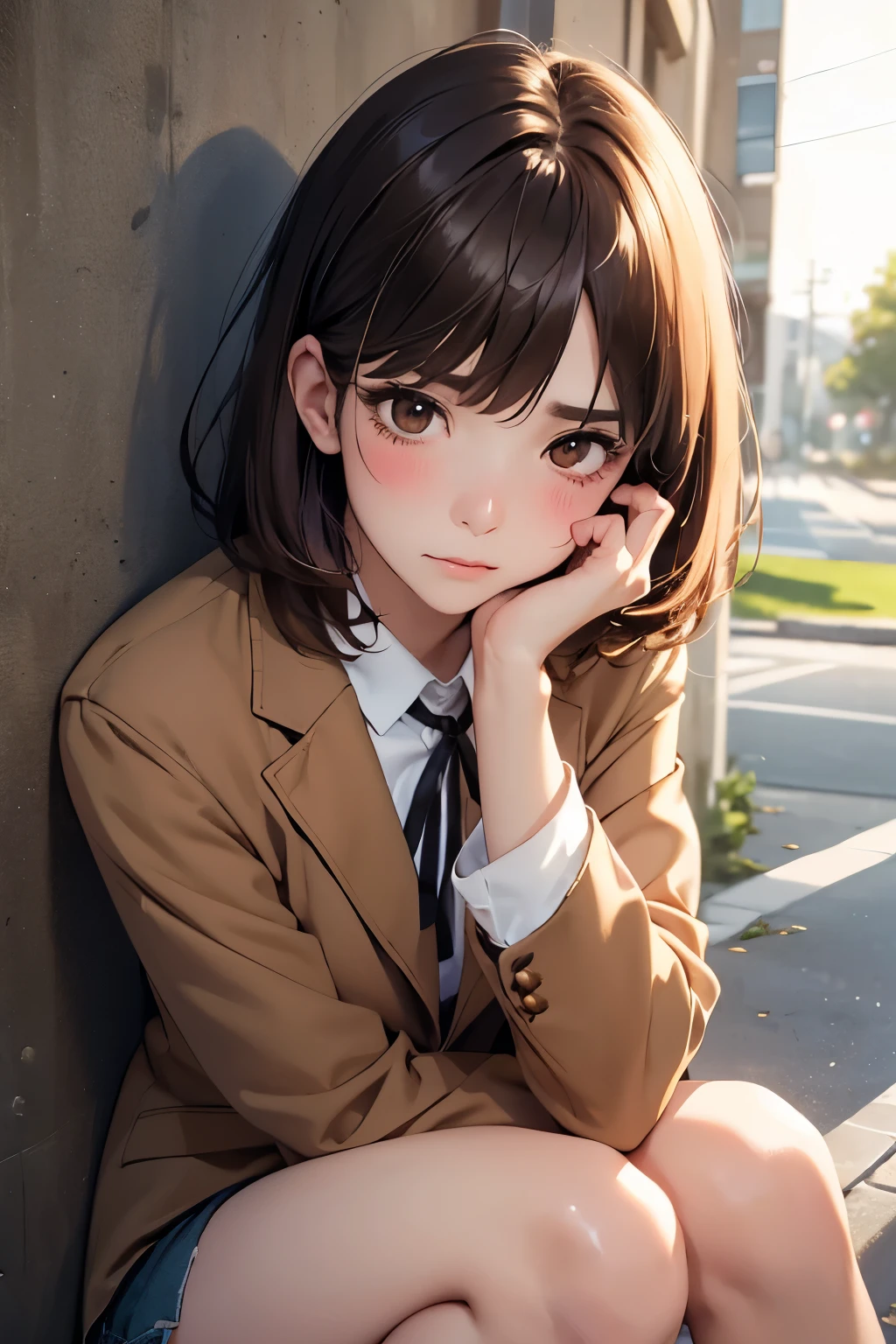 Various expressions of joy, anger, sorrow, face enhancement, beautiful face, blushing, viewer's perspective, (masterpiece, highest quality, details), 1 girl, solo, outdoor, upper body, eyelashes, Hana Midorikawa, brown jacket, Neck ribbon, collared shirt, (leaning against the wall, sitting, knees bent, legs apart)
From the front, from below