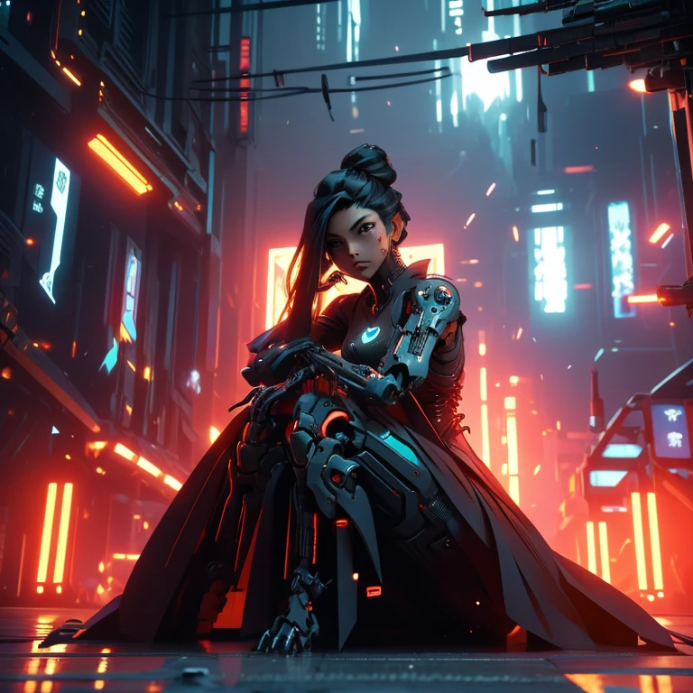 a woman sitting in front of a bunch of robots, cyberpunk art, by Ross Tran, 9gag, the mekanik doll, cyberpunk skeleton, jet black haired cyberpunk girl