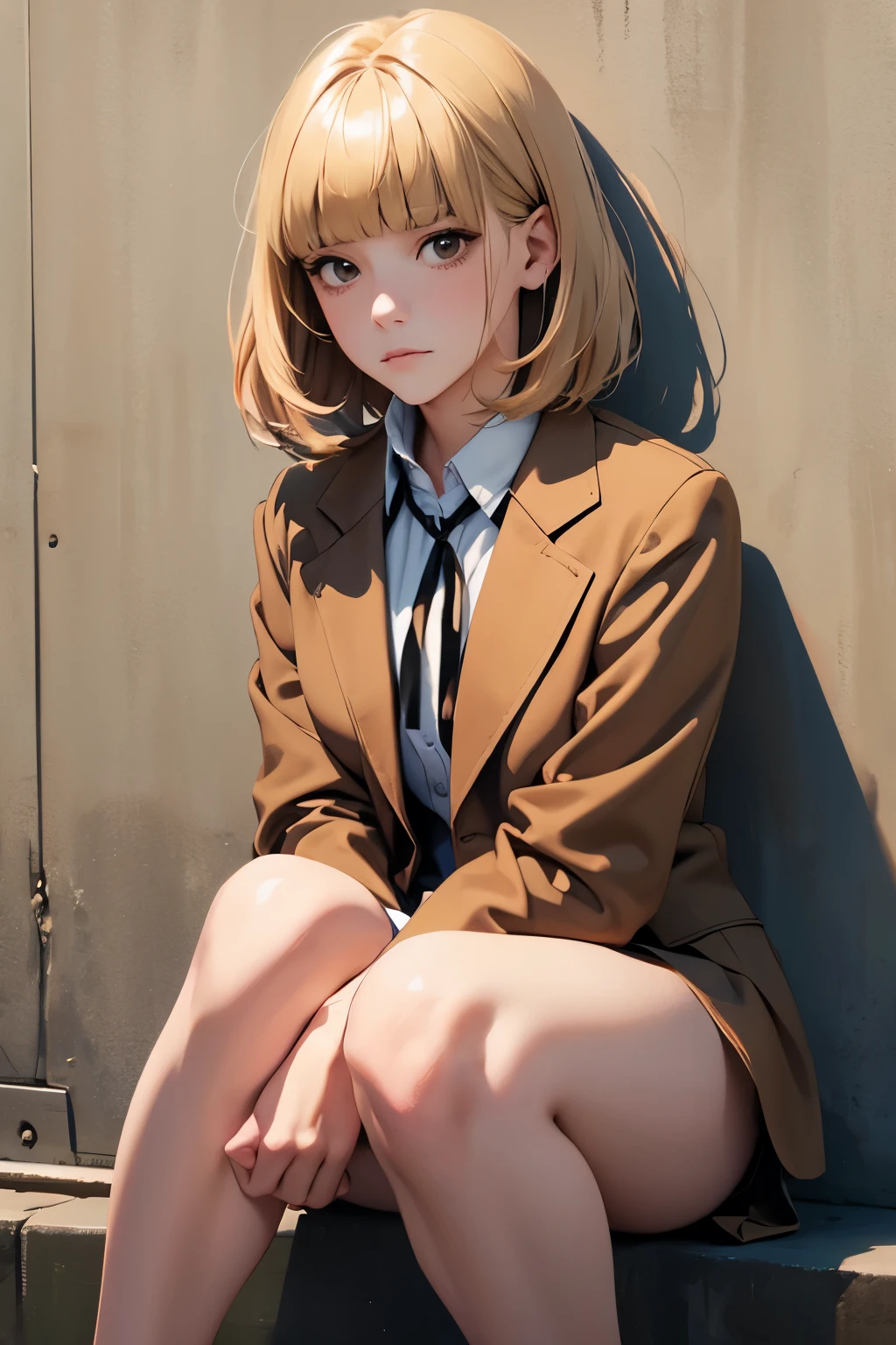 Various expressions of joy, anger, sadness, face enhancement, beautiful face, brightening cheeks, viewer's gaze, surprised expression, (masterpiece, highest quality, details), 1 girl, solo, outdoor, upper body, eyelashes, Hana Midorikawa, Brown jacket, neck ribbon, collared shirt, (sitting leaning against the wall, knees bent, legs apart)
From the front, from below