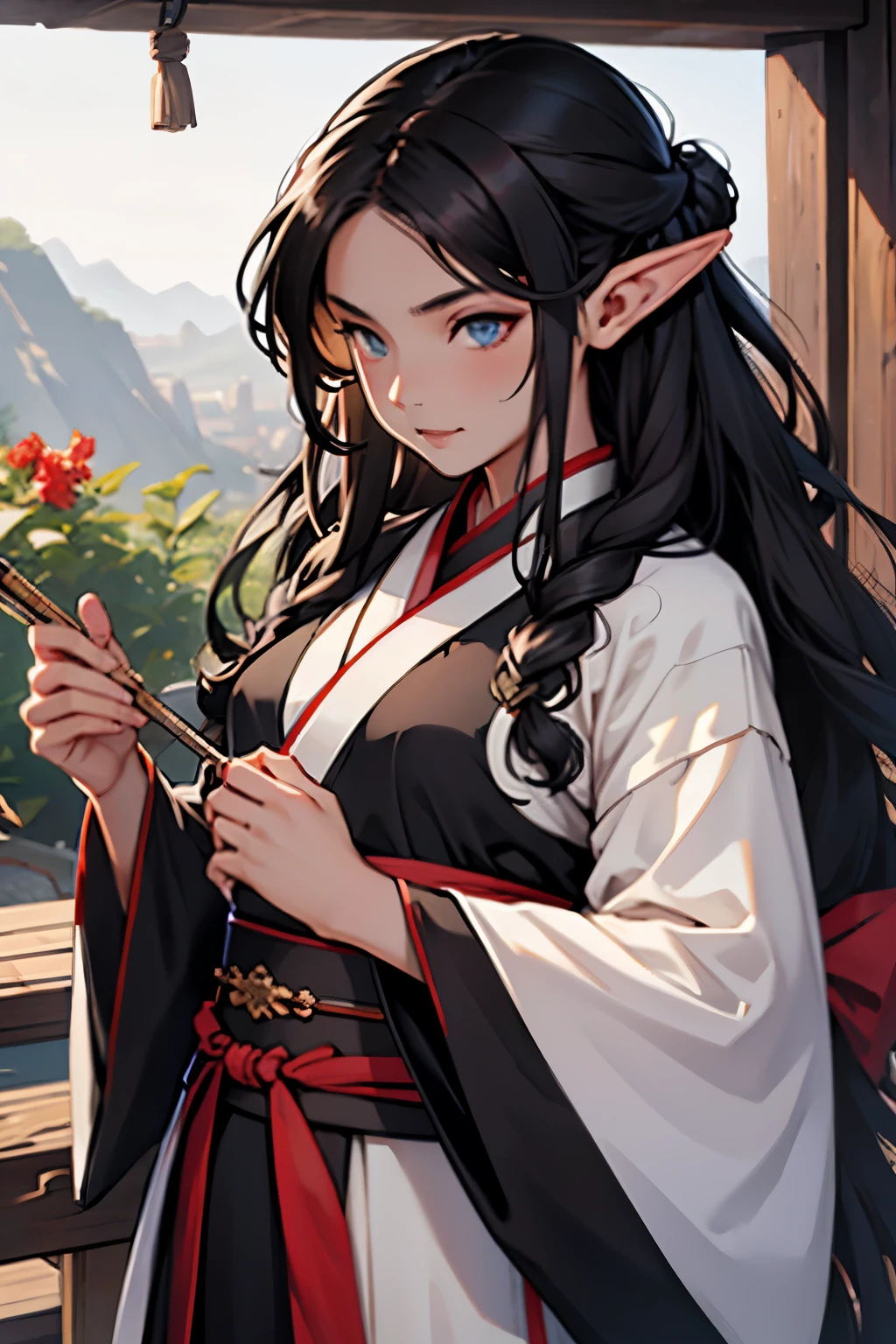 1girl, solo, cultivation, black clothes, black long curly hair, high elf, hanfu