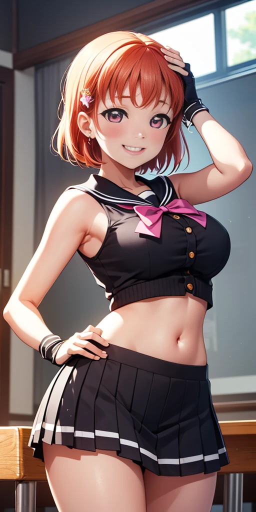 (best quality, 4k, 8k, high res, masterpiece:1.2) ultra detailed, Takami Chika from Love Live!, pink eyes, Sailor top, school skirt, navel, standing, one hand on hip another hand on head, slightly excited and smile, sleeveless, thighs, cowboy shot, hair ornament, big breasts, navel ,ass visible through thighs, fingerless gloves