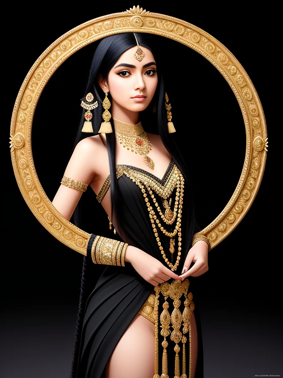 masterpiece, highest quality, One girl, Black Hair, Long Hair, whole body, concentrated, Elegant pose, Are standing, alone, View your viewers, Ancient Arabian Fashion, Exotic clothing, Intricate details, Royal, gemstone jewelry, (Simple black background), 8k, High resolution