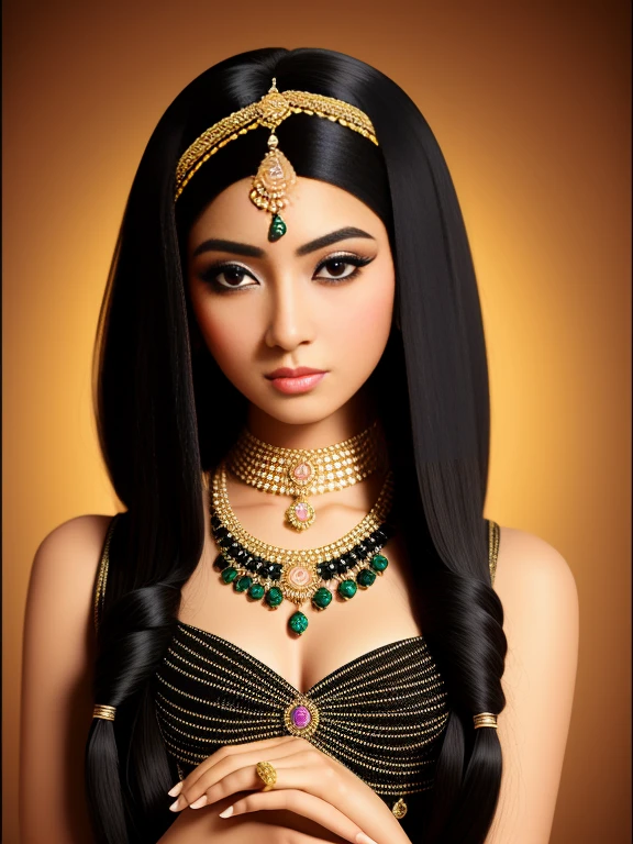 masterpiece, highest quality, One girl, Black Hair, Long Hair, whole body, concentrated, Elegant pose, Are standing, alone, View your viewers, Ancient Arabian Fashion, Exotic clothing, Intricate details, Royal, gemstone jewelry, (Simple black background), 8k, High resolution