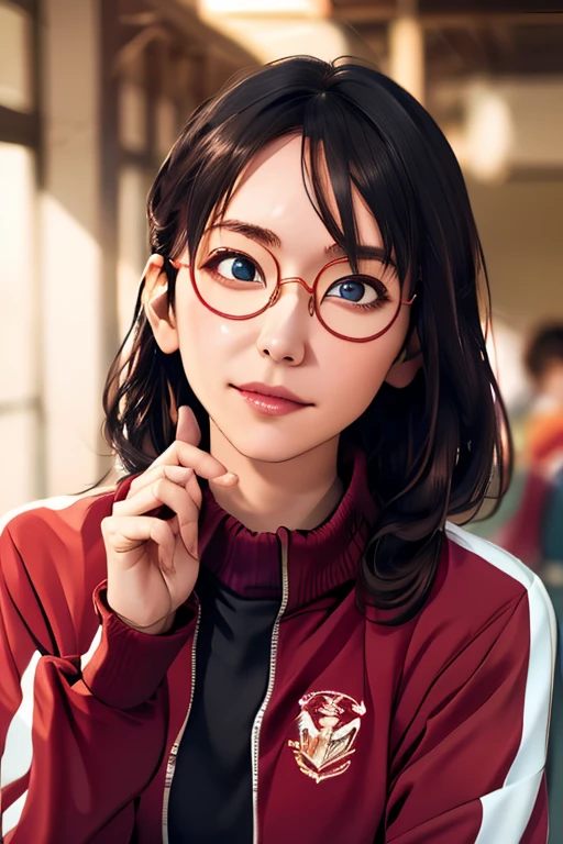 (masterpiece, highest quality), One girl, Satou, Satou, Glasses, 赤いフレームのGlasses, Under-rim eyewear, Satou, Glasses, 赤いフレームのGlasses, Under-rim eyewear, Track jacket, Track pants