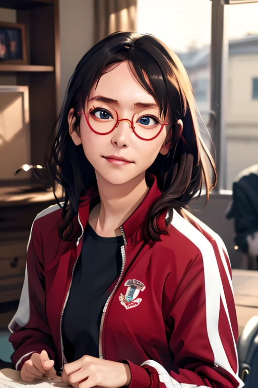 (masterpiece, highest quality), One girl,  Satou, Satou, Glasses, 赤いフレームのGlasses, Under-rim eyewear, Satou, Glasses, 赤いフレームのGlasses, Under-rim eyewear, Track jacket, Track pants