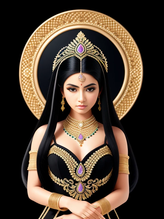 masterpiece, highest quality, One girl, Black Hair, Long Hair, whole body, concentrated, Elegant pose, Are standing, alone, View your viewers, Ancient Arabian Fashion, Exotic clothing, Intricate details, Royal, gemstone jewelry, (Simple black background), 8k, High resolution