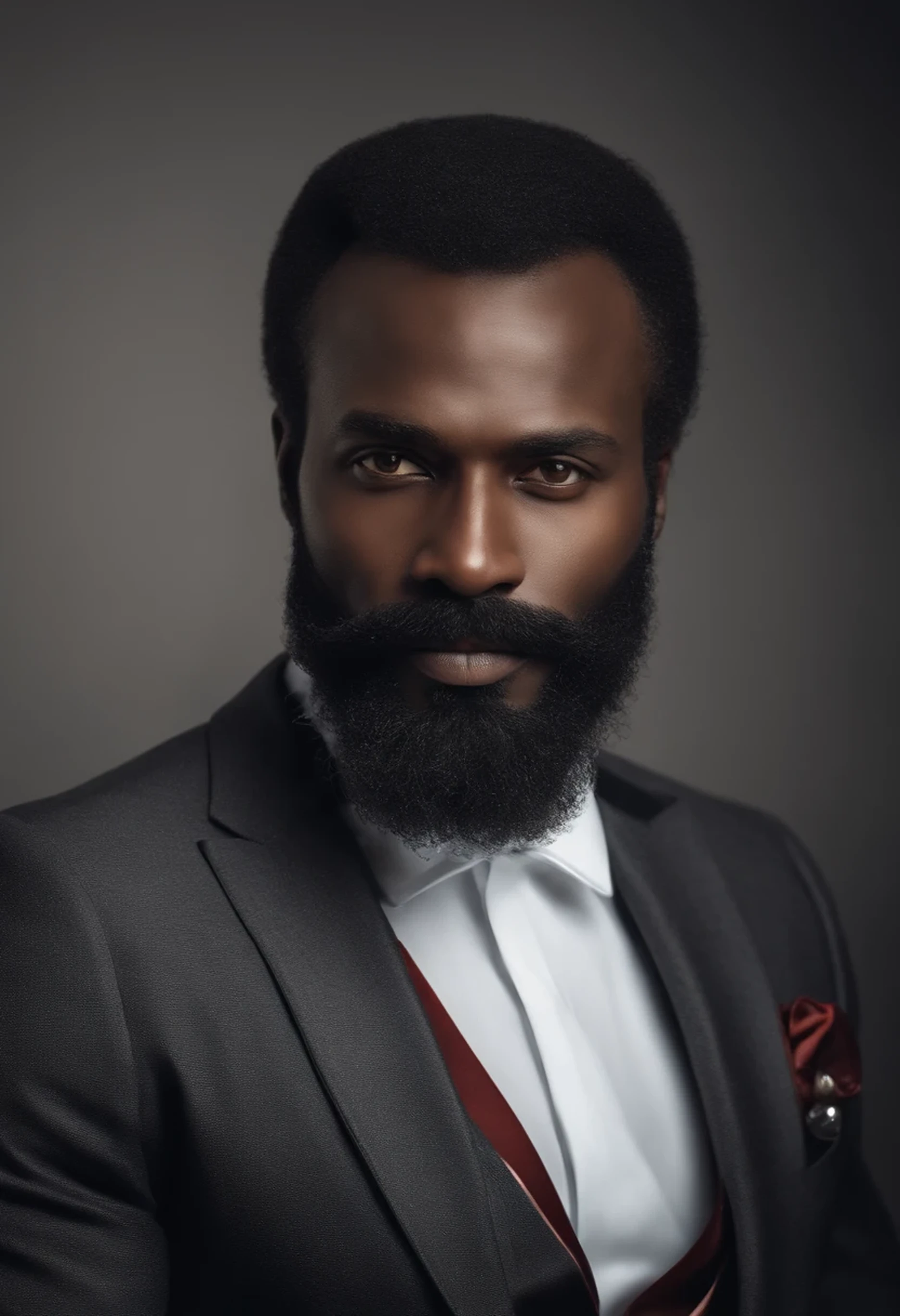 Homme africain avec barbe et moustache en chemise blanche, best quality,4k,8k,very attractive man with beard, Well-groomed facial hair, joli, Stunning, Realistic, ultra realistic image, moustache naturelle, old male,portrait doux 8 k, very detailed portrait, thick mustache, Style hyper réaliste, barbe mince, poils courts du visage, Chaume de barbe, joli, detailed face, portrait ultra réaliste, cheveux gris,elegant suit, ouvrir bouche,