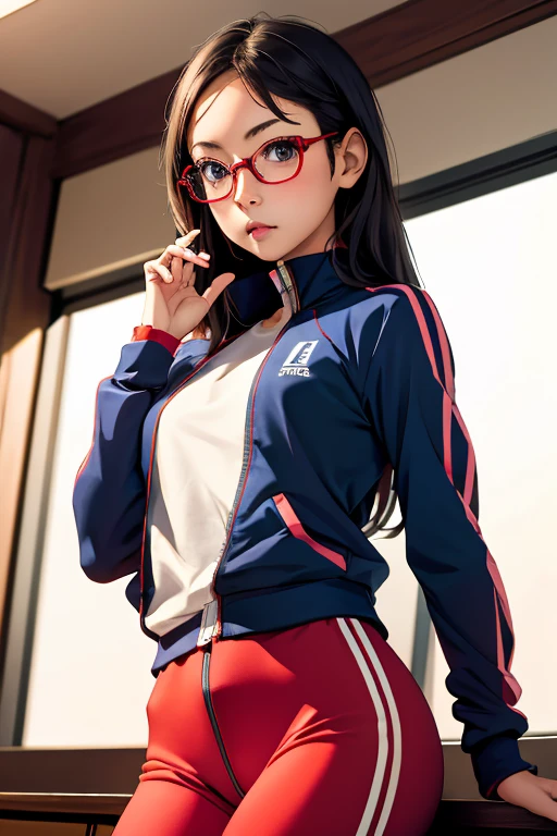 (masterpiece, highest quality), One girl,  Satou, Satou, Glasses, 赤いフレームのGlasses, Under-rim eyewear, Satou, Glasses, 赤いフレームのGlasses, Under-rim eyewear, Track jacket, Track pants