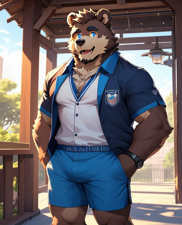 (masterpiece)，(Very detailed)，(best quality)，hairy，Bear，White fur，Vivid eyes，Blue pupils，Cute style，Sunny and cheerful，(Short-sleeved shorts casual suit)，((expression))，8k，(high quality)，(Ultra HD)，(Ultra Detailed)(university student)