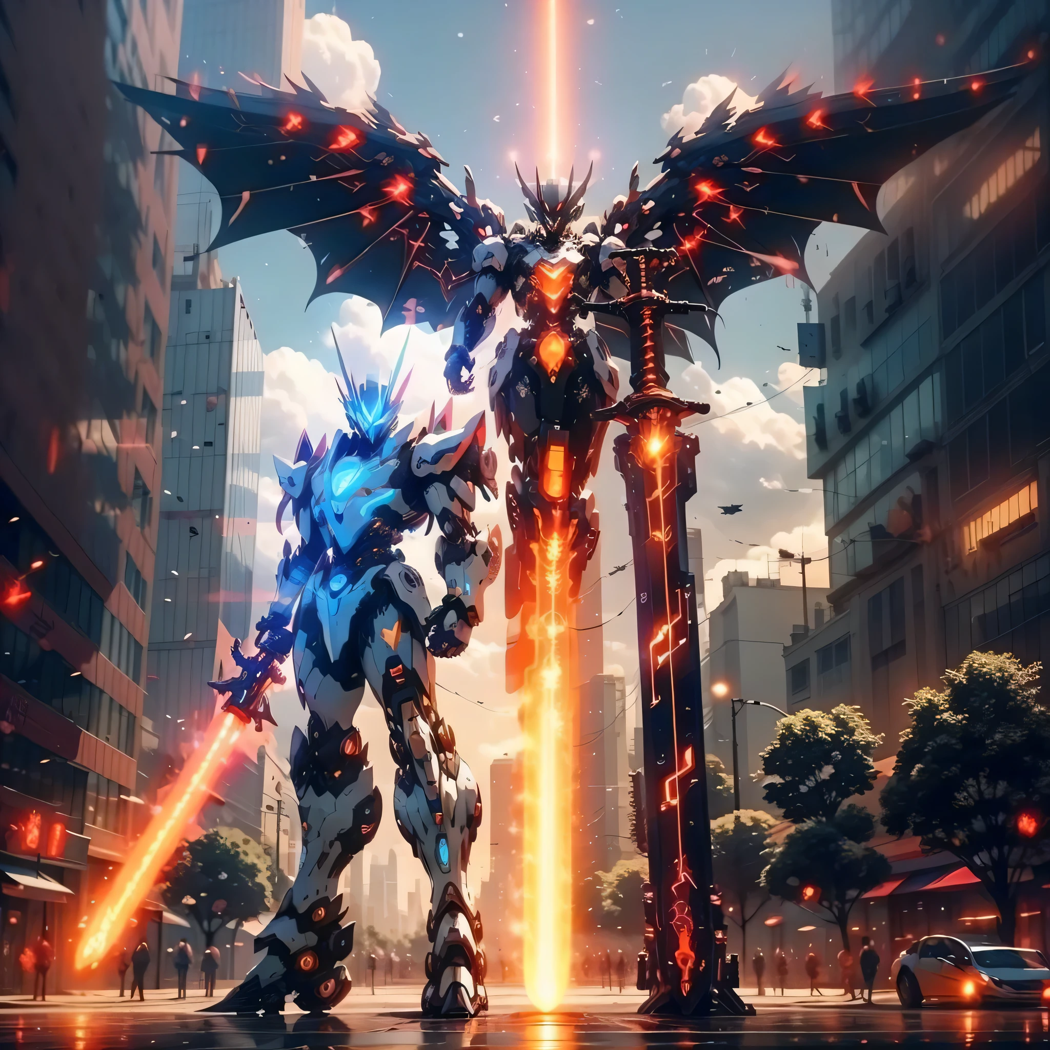 Skysky,clouds,(holdingweapon),with light glowing,,buliding,glowing light eyeechs,scientific fiction,city on fire,Realistiechechanical wings,(robot wings),Dragon-shaped robot,glowing weapon,lightsabers,War City,1boy,