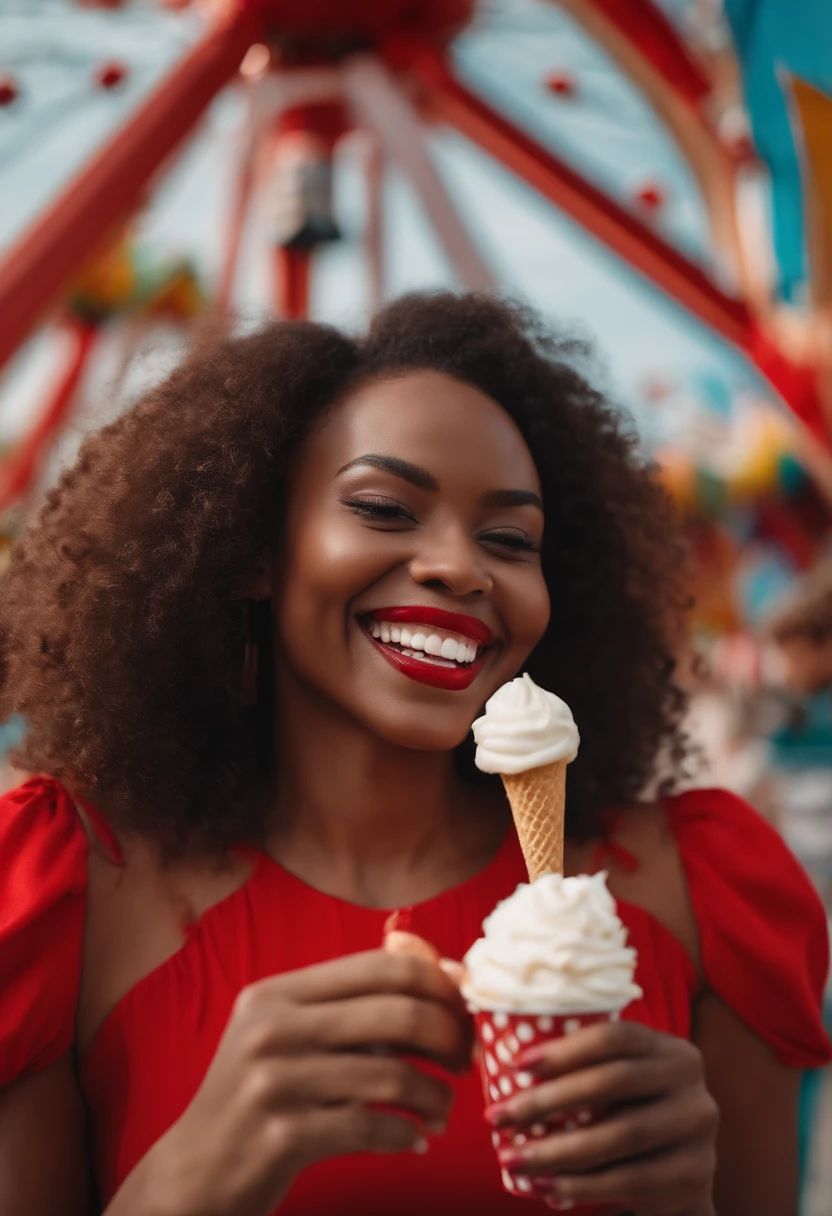 Beautiful young afro black woman eating ice cream in amusement park wearing red dress with white happy and smiling