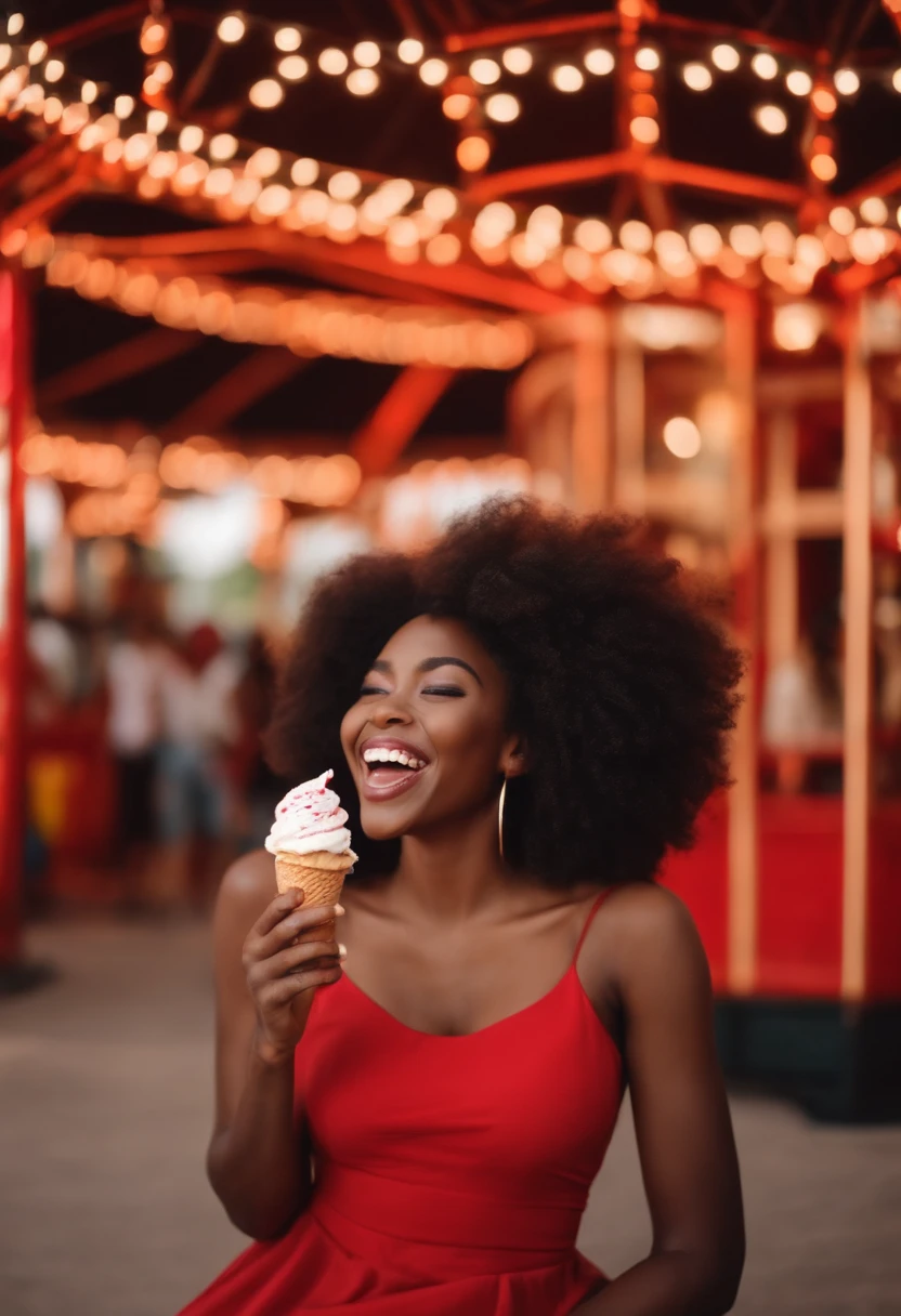 Beautiful young afro black woman eating ice cream in amusement park wearing red dress with white happy and smiling