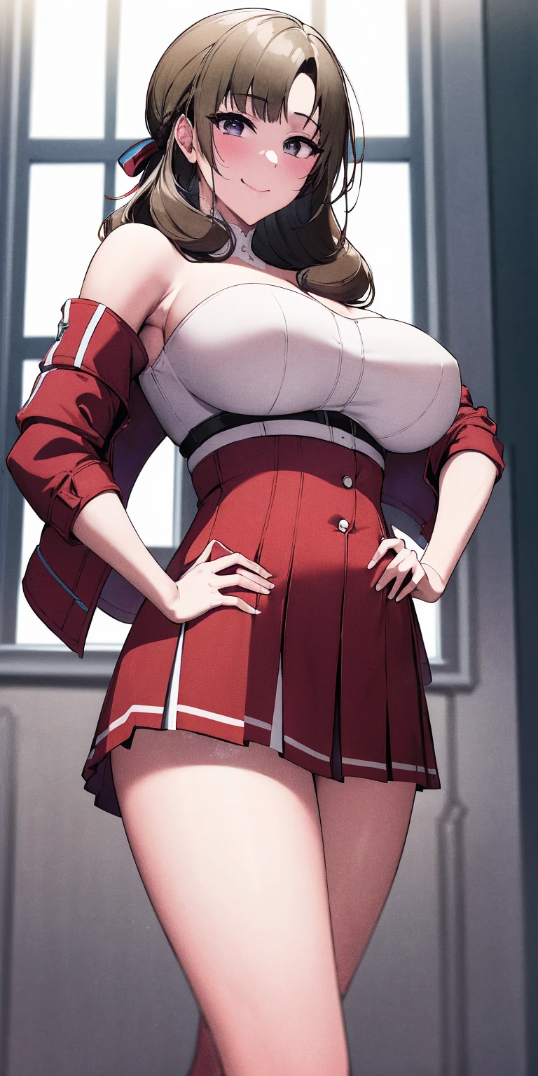 (masterpiece, best quality:1.2) cowboy shot, solo, 1girl, Oosuki Mamako, seductive smile, closed mouth, looking at viewer, pose, hand on hip, large breast ,hair ribbon, strapless, lace-up boots, military, military uniform, pleated skirt, (red jacket:1.5), skirt, thigh highs, uniform, white thigh highs, white ribbon, buttons, (sleevesless:1.5),NSFW, official art, extremely detailed CG unity 8k wallpaper, perfect lighting, (masterpiece:1.0),(best_quality:1.0), ultra high res,4K,ultra-detailed, photography, 8K, HDR, high res, absurdres:1.2, Kodak portrait 400, film grain, blurry background, bokeh:1.2, lens flare (vibrant color:1.2),(beautiful face:1.5) (narrow waist) (perfect hands, perfect anatomy)