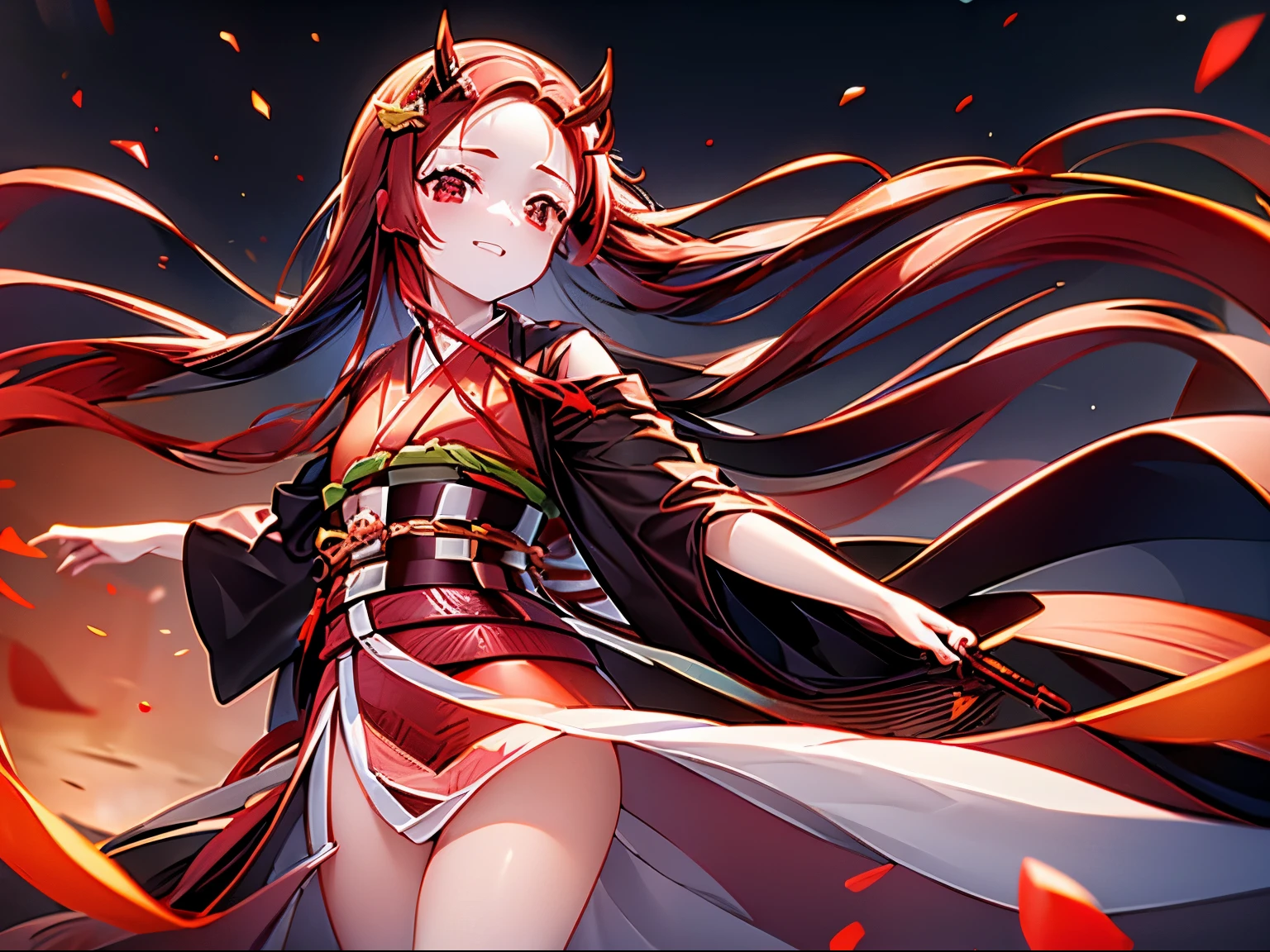 (((Good Quality))), (((High quality))), Red Hair, Red Eyes, Katana in right hand, Red katana, Orange kimono with red cloak, black horns.