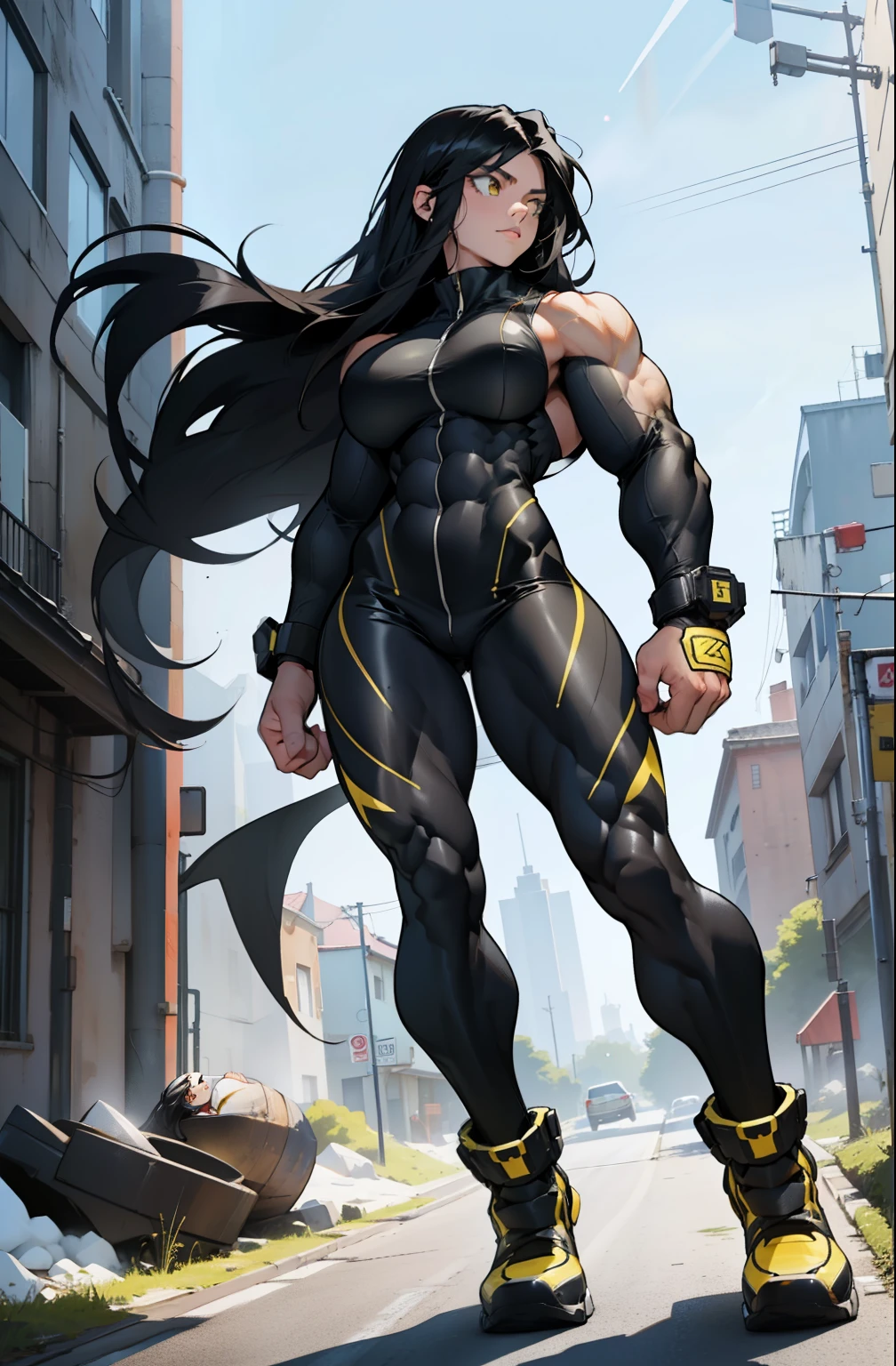 (((((1 girl))))), black hair, yellow eyes, very long hair, huge breasts, ((((((muscular)))))), tall, pale skin, bodysuit, ((full body)), (solo)