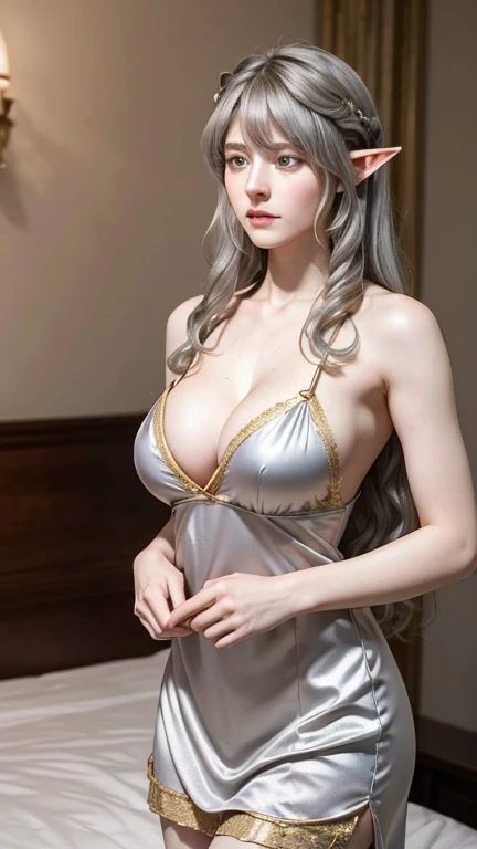 shokokomidef, Ultra realistic, 16k, high quality, incredibly detailed, dream aesthetic, dream atmosphere, Tessia (from the beginning after the end), tall, elf, realistic silver silky hair, hair messy fringe, turquoise real shiny eyes, long (pale-silver) hair fluttering, blushing cheeks, pale skin illuminated,realistic perfect shading, absurdres, realistic textures, solo, alone, 1girl, tall, looking at viewer, standing, large realistic natural breasts, cleavage, pantyhose, royal white and golden nightgown with golden details (realistic texture), different positions at different angles, great royal bedroom (background unfocused), masterpiece, best quality, Photorealistic.