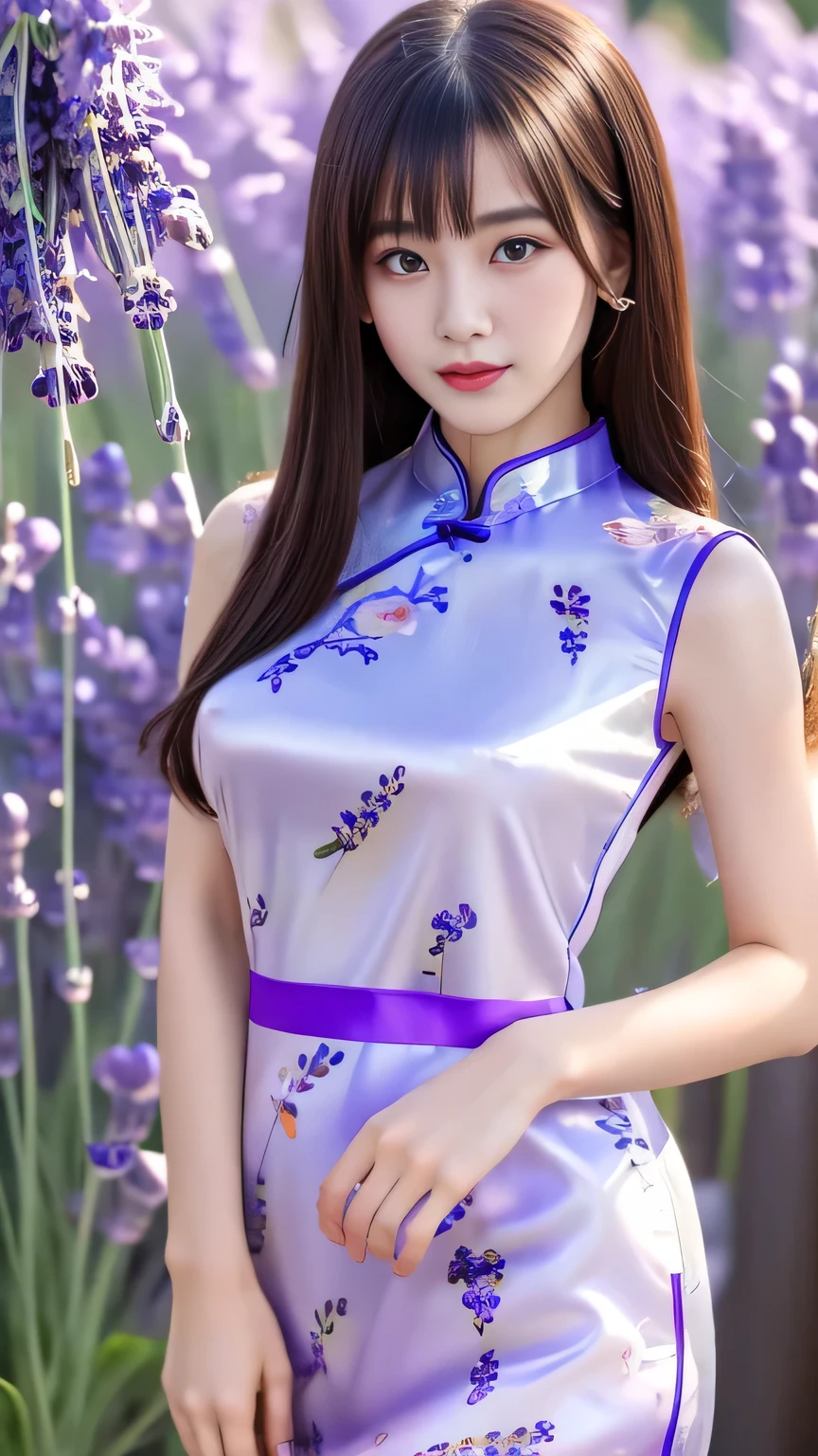 (Tabletop:1.0), (highest quality:1.4), (High resolution:1.2), (Realistic:1.4),(From below:1.5), (8k, RAW Photos:1.2), (Soft Focus:1.4), She is wearing a Chinese dress, She is wearing a Chinese dress ,(Semi-transparent lavender cheongsam print floral pattern:1.4), Slime Skin, Smooth and tight ,  Clear skin, Translucent body, Matte Dress, Gloves that feel right next to your skin,Bob Hair, Gal Makeup, Japanese Goddess, Glowing Skin, Gorgeous Japanese Model, Detailed Background, bangs, ((Long Hair)), Lavender colored Chinese dress、Big breasts Stand up straight