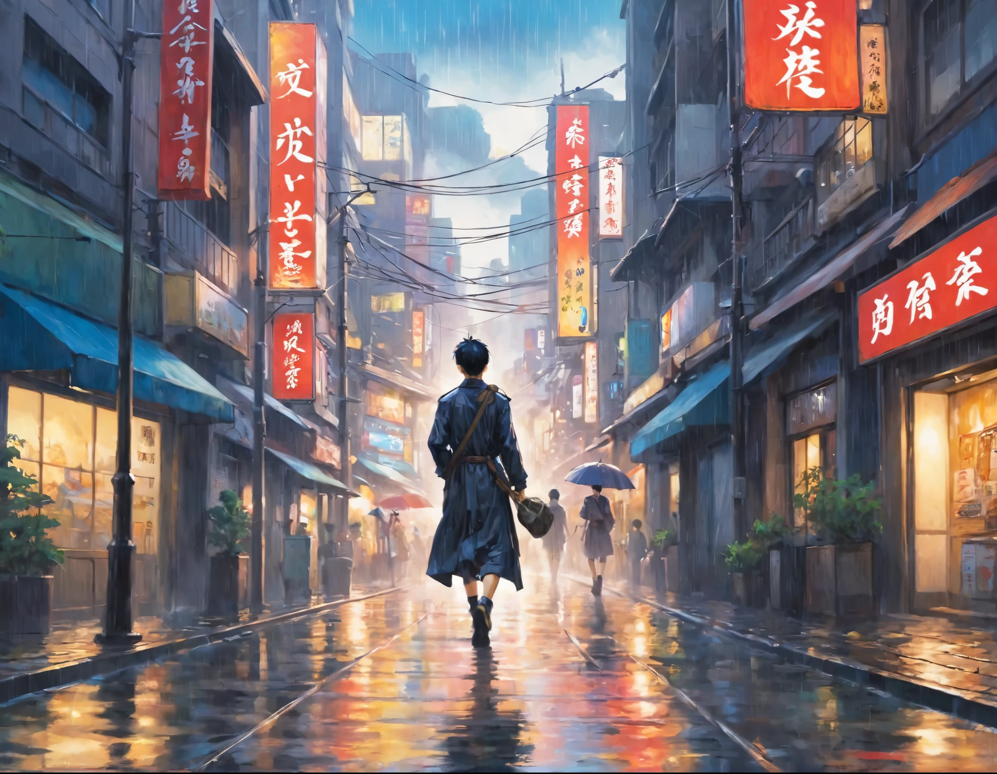 rainの中道を歩く男性のアニメ風シーン, ((Very detailed), #007199 Background, Town, building, rain, Town灯, signboard, Sparkling, Rich gradation, Watercolor pattern in muted colors), (Cinematic), ((Ultra-detailed, Beautiful Face, 1 boy), short hair, Bang cut, Dynamic Angle, Cowboy Shot, Black coat)), male, Handsome, Back view