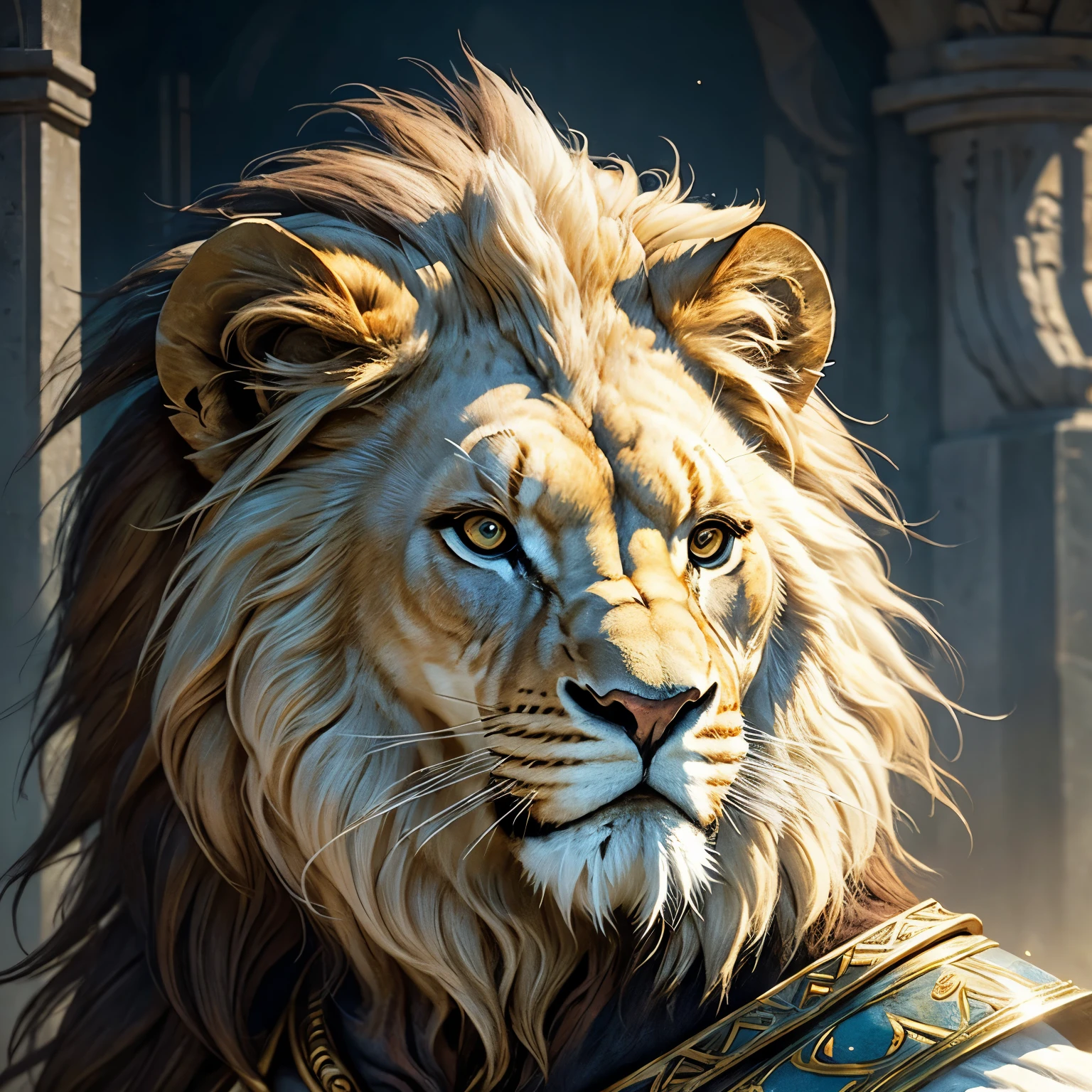 ​masterpiece, Best Quality, 4k, Background white. Realistic lion face like from the wizard of Oz. Looking to his right, head turned view. Very realistic and cool. Brave expression. Intricate detail. Fantasy, portrait photo
