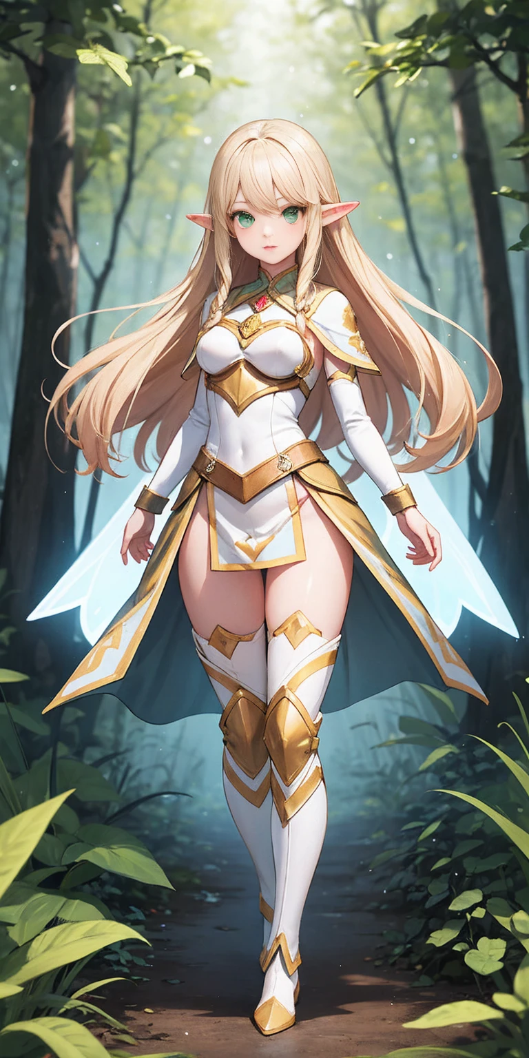 (masterpiece, best quality) (full body:1.2) (standing) (small fighting elven 1girl:1.2) (magical) (cute,adorable:1.2) (ultra quality skin:1.2) blonde hair, green eyes, medium breast, beautiful, detailed, enchanted breastplate with precious gemstones white thigh-high greaves, seductive pose in a forest, magic flora, detailed face and eyes, volumetric light