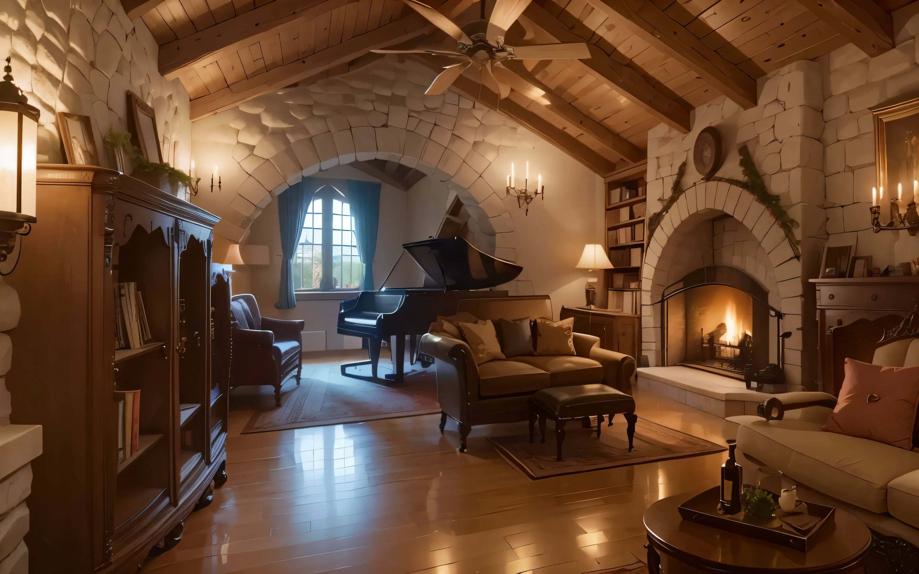 a cozy castle room with fireplace, a beauty piano next window