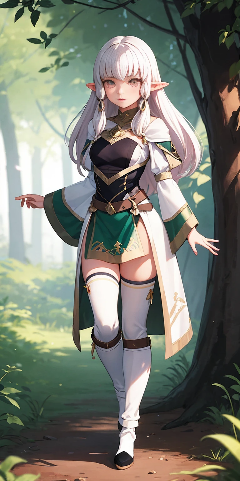 (masterpiece, best quality) (full body:1.2) (standing) (small fighting elven 1girl:1.2) (magical) (cute,adorable:1.2) (ultra quality skin:1.2) blonde hair, green eyes, medium breast, beautiful, detailed, enchanted breastplate with precious gemstones white thigh-high greaves, seductive pose in a forest, magic flora, detailed face and eyes, volumetric light