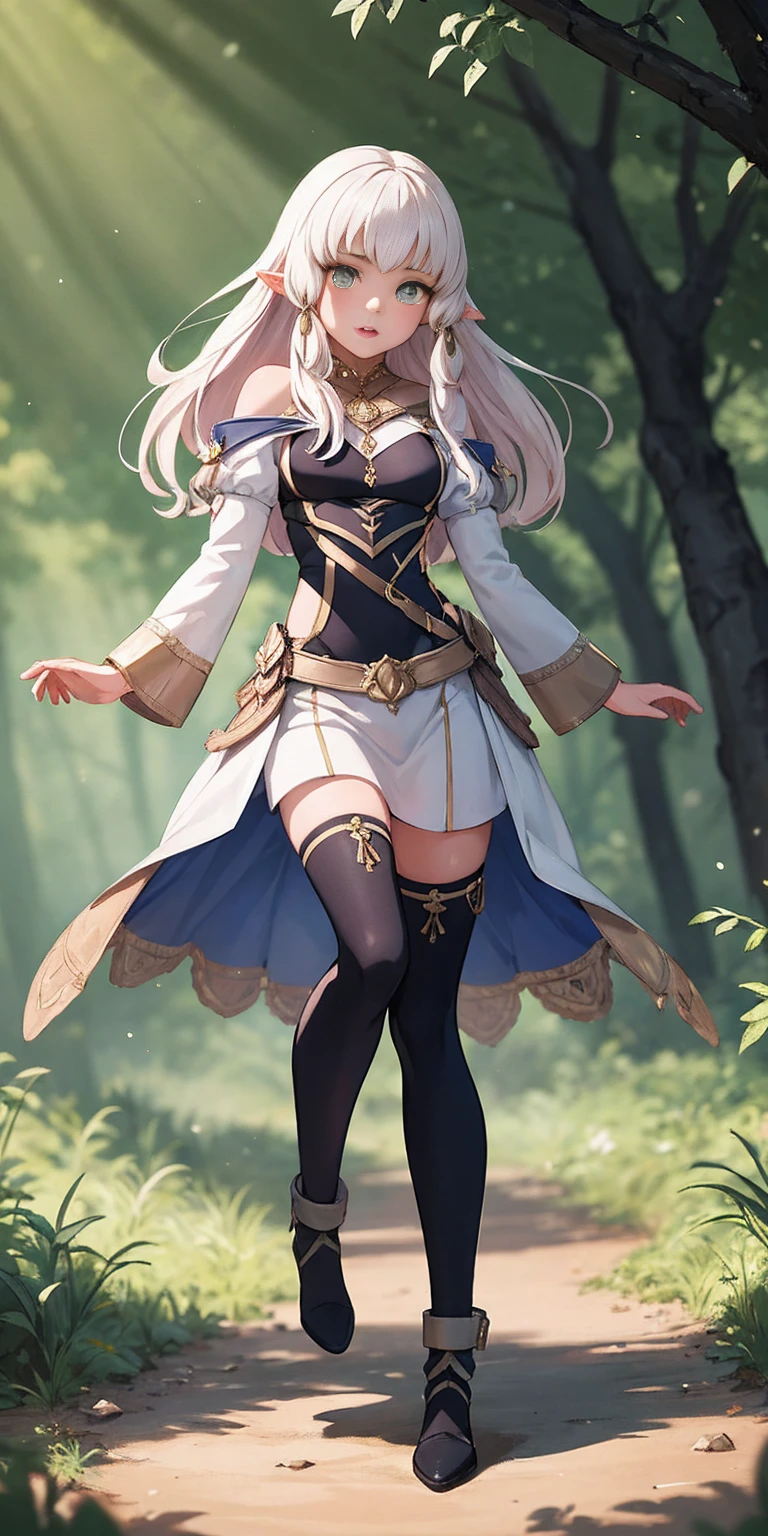 (masterpiece, best quality) (full body:1.2) (standing) (small fighting elven 1girl:1.2) (magical) (cute,adorable:1.2) (ultra quality skin:1.2) blonde hair, green eyes, medium breast, beautiful, detailed, enchanted breastplate with precious gemstones white thigh-high greaves, seductive pose in a forest, magic flora, detailed face and eyes, volumetric light