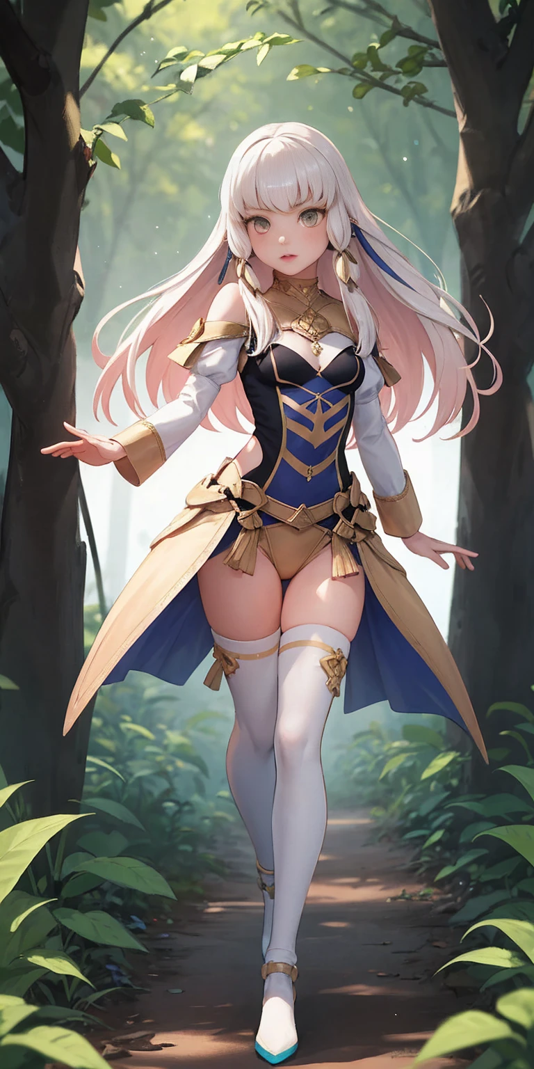 (masterpiece, best quality) (full body:1.2) (standing) (small fighting elven 1girl:1.2) (magical) (cute,adorable:1.2) (ultra quality skin:1.2) blonde hair, green eyes, medium breast, beautiful, detailed, enchanted breastplate with precious gemstones white thigh-high greaves, seductive pose in a forest, magic flora, detailed face and eyes, volumetric light