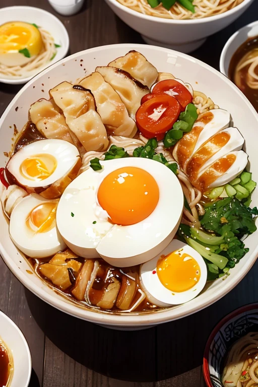 Close-up of a ramen for one person in the center of the screen, 3 slices of chashu on top of ramen , a boiled egg on top of ramen , fried rice is on the top right corner of the screen, gyoza is on the top left corner of the screen, on table
