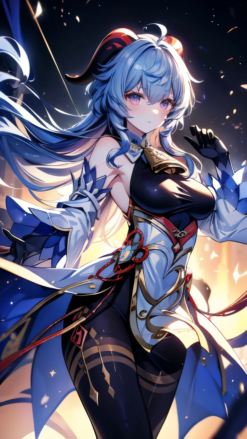 ((ganyu \(genshin impact\))))((masterpiece、8L、WAR Photo、highest quality、Realistic painting style、Cinematic Lighting、Backlight)) medium breasts、Great cleavage,A little bit of side boob is visible、Neck length laser tights、One Girl, alone,Long legs、Thin legs、Perfect Style、Long Hair, Blue Hair, Purple eyes,horn、Neck bell, Black 80 denier pantyhose, Removable sleeves, Black gloves, Pelvic Curtain、Dynamic pose, Has a bow weapon, Starry Sky、Night scene, (Particles of light: 1.1), Thick Fog、Crystal AI