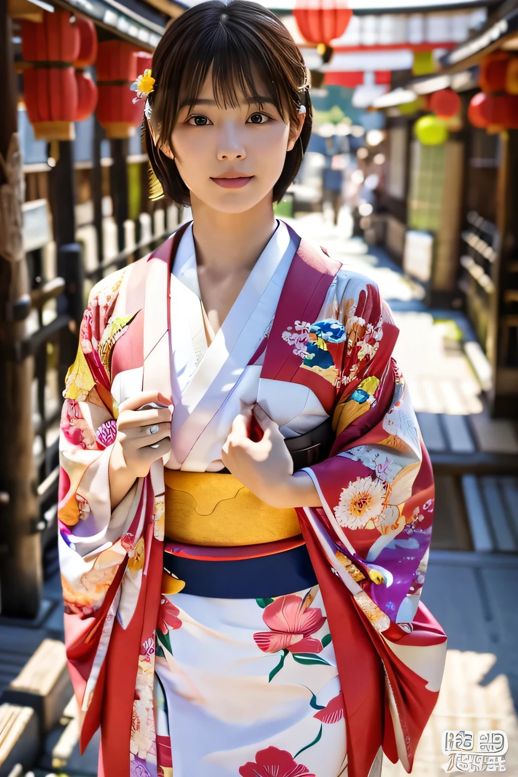 (kimono:1.5)、(Japanese festivals:1.5)、(Full-body photo:1.5)、highest quality, Photorealistic, Very detailed, finely, High resolution, 8K Wallpaper, Professional, High level of detail, ((One 18 year old girl:1.2)), Slender Japanese women,Pretty lips, (Beautiful long lashes:1.2)、Detailed clavicle, Perfect Face, (Cute short bob hair:1.5),Top Quality,Ultra-clear resolution,Clear Eyes,Sunburned skin,Perfect large breasts,have perfect legs,