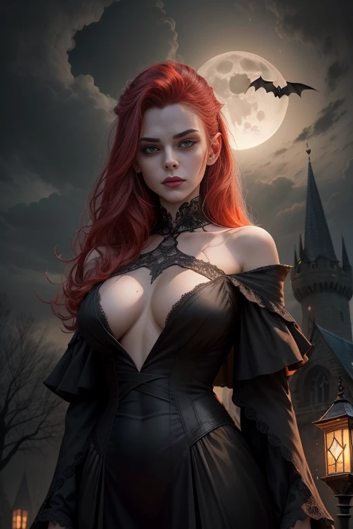 detailed eyes, vampire teeth, ancient castle, dark atmosphere, moonlight, Gothic architecture, misty forest, mysterious, eerie shadows, blood-red sky, medieval weapons, eerie silence, sinister laughter, bats flying, full moon, cobwebs, old manuscripts, ancient spells, haunting melodies, night creatures, flickering torches, secret passages, silver jewelry, vampire fangs, menacing presence, thunderstorm, creepy portraits, crumbling tombstones, dilapidated furniture, stone gargoyle, hidden coffins, forbidden love, eternal darkness, enchanting beauty, supernatural powers, totally naked, big ass, big tits, nude,scantily clad, nudes, red hair, missionary pose