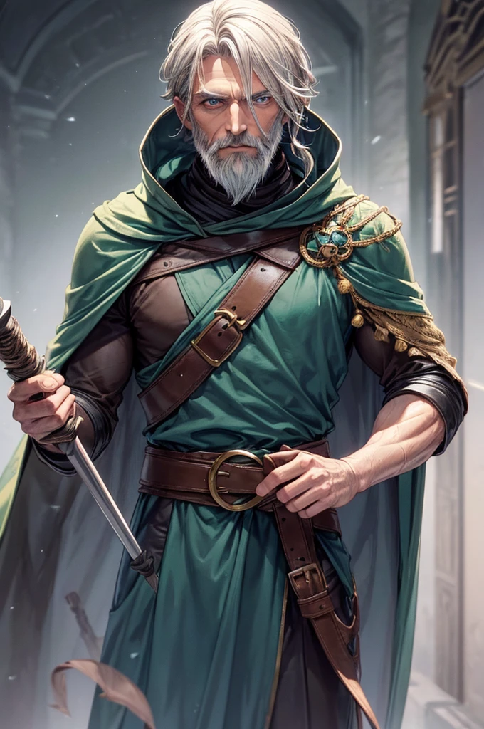 Huaman, with blond semi-grey hair, grey beard, light blue eyes, 45 years apparency, solid muscles.
 The human is wearing a dark green cloak, below the cloak he has a brown leather light armor. in his hands he has a long bow, in their belt he has two old daggers.