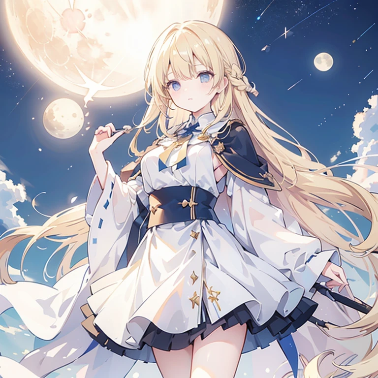 Hair color is light blonde　My breasts are large and a little visible　the skirt is short,　Wizard　The moon is visible in the background and the stars are shining.　The place is empty　Long hair　There&#39;s a yellow light all around