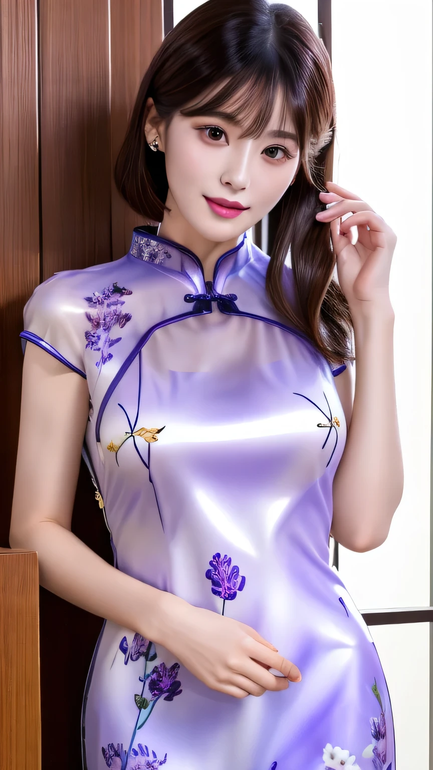 (Tabletop:1.0), (highest quality:1.4), (High resolution:1.2), (Realistic:1.4),(From below:1.5), (8k, RAW Photos:1.2), (Soft Focus:1.4), She is wearing a Chinese dress, She is wearing a Chinese dress ,(Semi-transparent lavender cheongsam print floral pattern:1.4), Slime Skin, Smooth and tight ,  Clear skin, Translucent body, Matte Dress, Gloves that feel right next to your skin,Bob Hair, Gal Makeup, Japanese Goddess, Glowing Skin, Gorgeous Japanese Model, Detailed Background, bangs, ((Long Hair)), Lavender colored Chinese dress、Big breasts Stand up straight、indoor