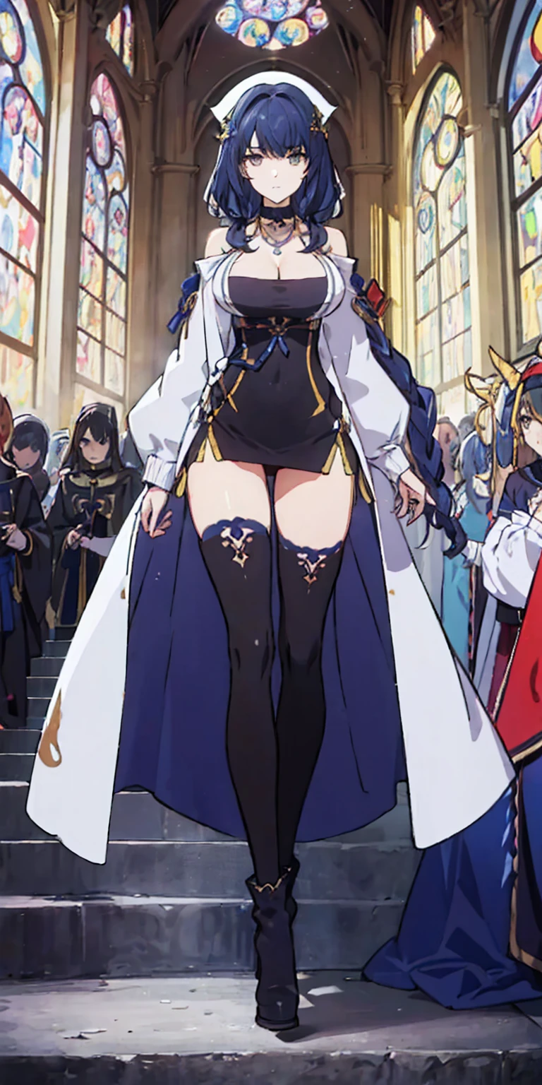 (Masterpiece, best quality) (high res, ultra-detailed) (perfect anatomy) outdoors, 1girl, solo, dress, SELA, large breasts, tan, necklace, white sleeves, thigh highs, muscular, thighs, full body, priestess, church, religious, pants, coat, pullover, boots, body suit, big dress, big robe, black body suit, HIGH BOOTS, feet together, toe to head