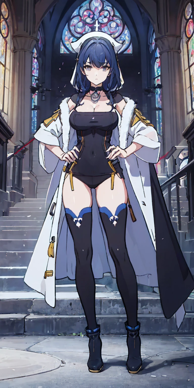 (Masterpiece, best quality) (high res, ultra-detailed) (perfect anatomy) outdoors, 1girl, solo, dress, SELA, large breasts, tan, necklace, white sleeves, thigh highs, muscular, thighs, full body, priestess, church, religious, pants, coat, pullover, boots, body suit, big dress, big robe, black body suit, HIGH BOOTS, feet together, toe to head