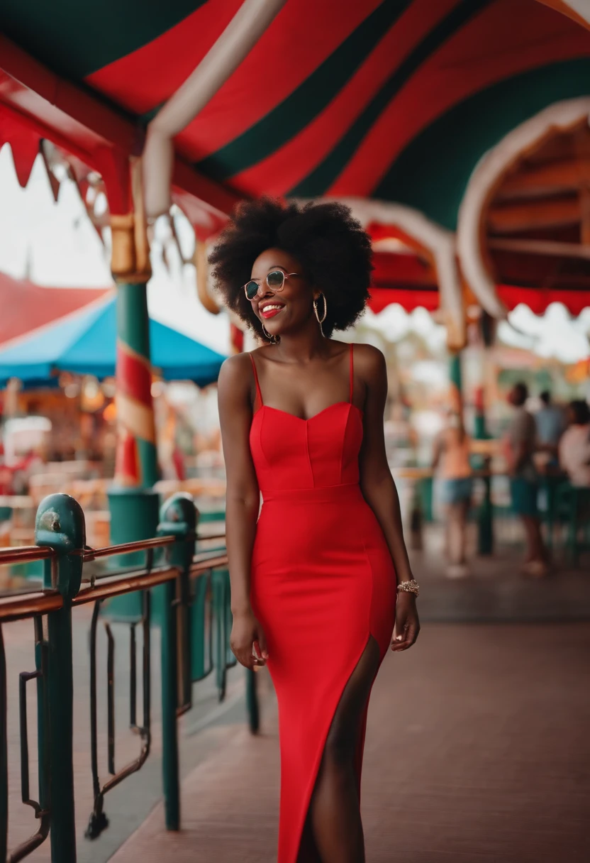 Beautiful young afro black woman eating ice cream in amusement park wearing red dress with white happy 