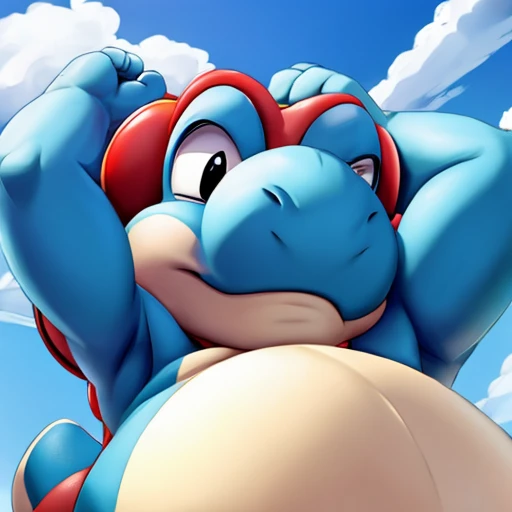 Sky blue Yoshi, belly, laying on his back, arms above head,