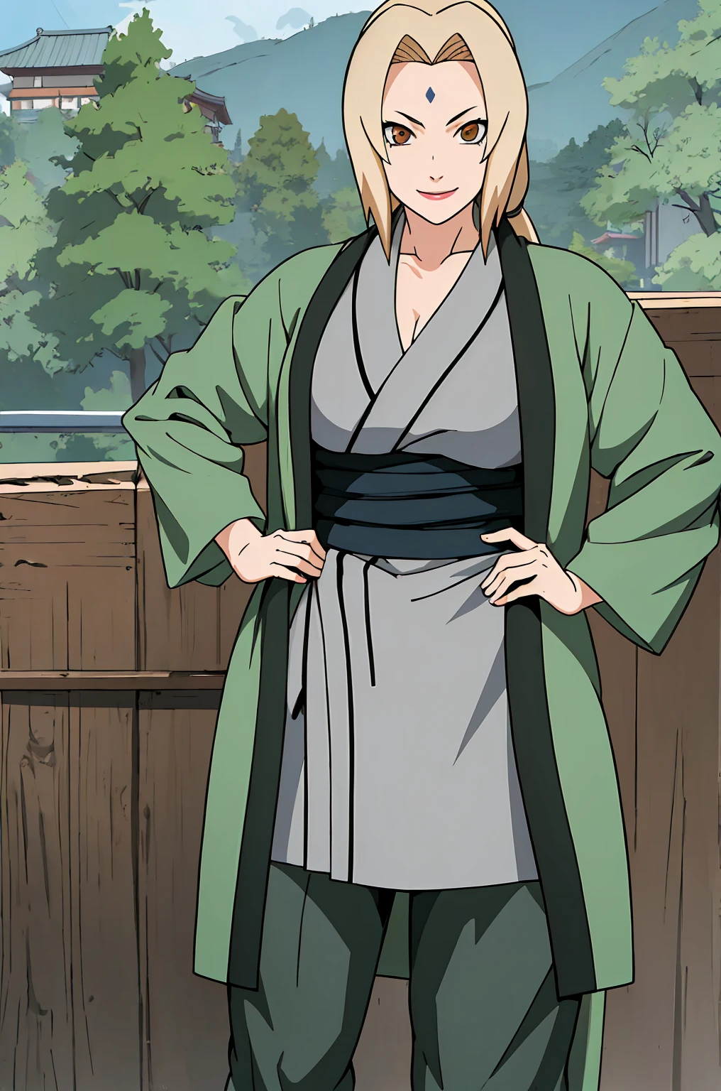 (masterpiece, highest quality:1.2), alone, One Girl, Tsunade Defense, Forehead mark, smile, View your audience, Hands on hips, kimono, Green haori, Gray kimono, sash, pants 