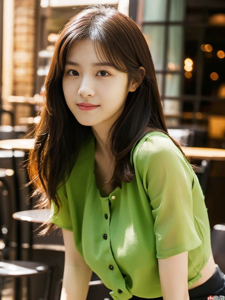 1 girl, (wearing a green blouse:1.2), black short skirt, beautiful japanese actress, (RAW photo, highest quality), (realistic, Photoreal:1.4), masterpiece, very delicate and beautiful, very detailed, 2K wallpaper, wonderful, finely, very detailed CG Unity 8k wallpaper, Super detailed, High resolution, soft light, beautiful detailed girl, very detailed目と顔, beautifully detailed nose, beautiful and detailed eyes, Long hair, cinematic lighting, break, (Against the backdrop of a outside the cafe terrace 1.3), city lights, perfect anatomy, slender body, smile, Face the front completely, (waist shot), (emphasize big breasts), (Random body direction),