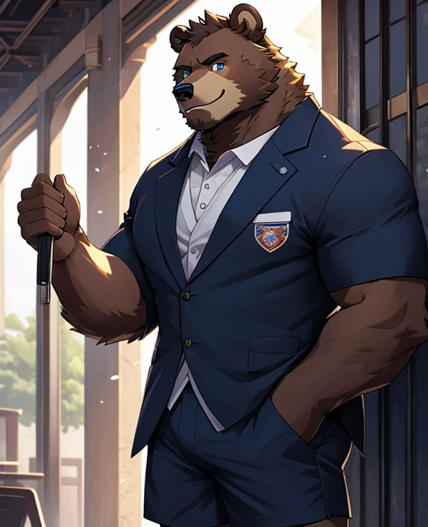 (masterpiece)，(Very detailed)，(best quality)，hairy，Bear，White fur，Sad eyes，Blue pupils，Bitter smile，(Short-sleeved shorts casual suit)，((Express))，8k，(high quality)，(Ultra HD)，(Super detailed)