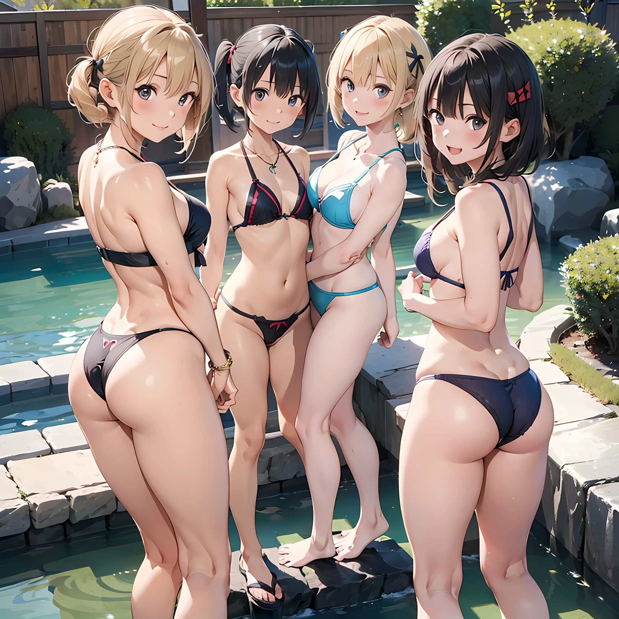 ((three girls are sticking out their big butt boldly)), (body shot), In a Japanese hot spring, Laughing with your mouth open, slender, hair band, Headband, hair bobbles, brown hair, blond hair, navel, jewelry, looking at viewer, necklace, long hair, short hair, Abdominal muscles, Thong,