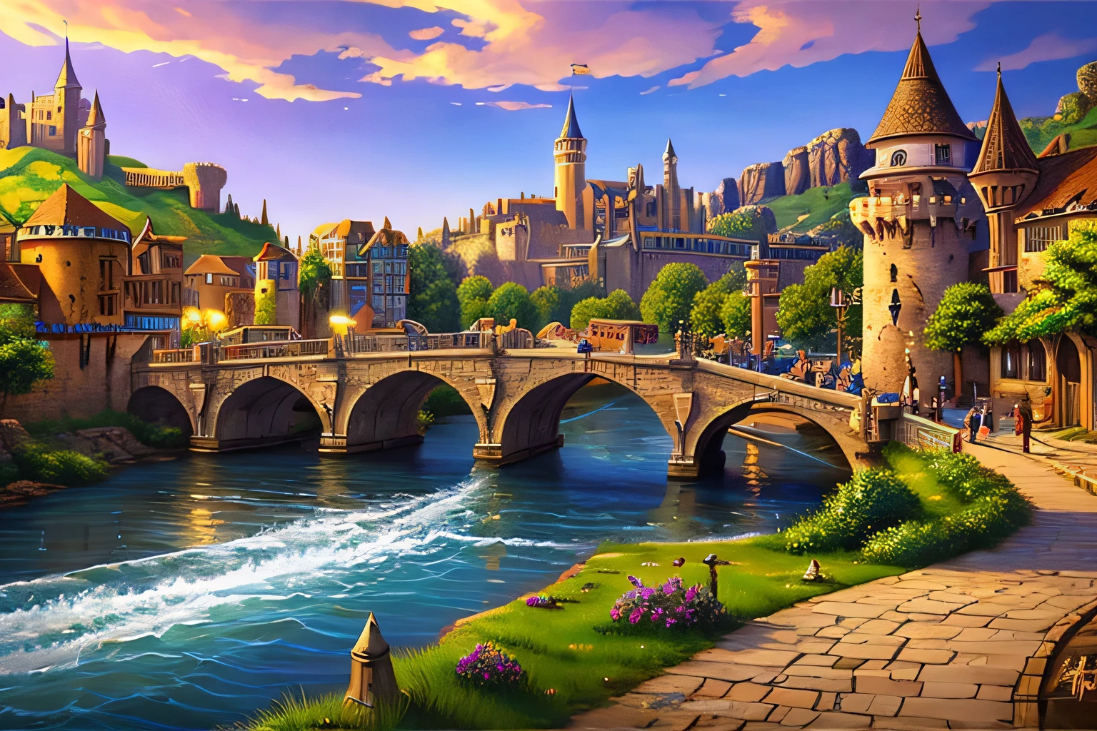 Painting of a castle with a bridge and a river, medeival fantasy town, fantasy town, A bustling magical town, fantasy town setting, fantasy capital city, Medieval town, Steampunk village castle, Fantasy architecture, Fantasy Cityscape, Medieval city, Fantasy Highly detailed, Fantasy Village, Fantasy City, highly detailed fantasy art, Background of the Renaissance port city