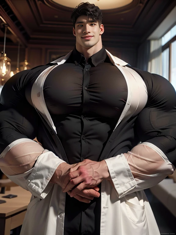 (best quality:1.5, hyperrealistic:1.5, photorealistic:1.4, madly detailed CG unity 8k wallpaper:1.5, masterpiece:1.3, enthusiastically detailed photo:1.2), (hyper-realistic lifelike texture:1.4), highly detailed, ((masterpiece, best quality)) ,extremely detailed 8K wallpaper, 1 korean male, (korean man with k-pop idol look), 20yo, handsome, detailed face, heavy muscular, stubble, sexy and masculine, dressed as professional businessman, religious, prominent bulge, photo real, illuminating light, big, brutalmass, giant, muscular bodybuilder, bulk, massive body, large size, smile, ecletic interior design